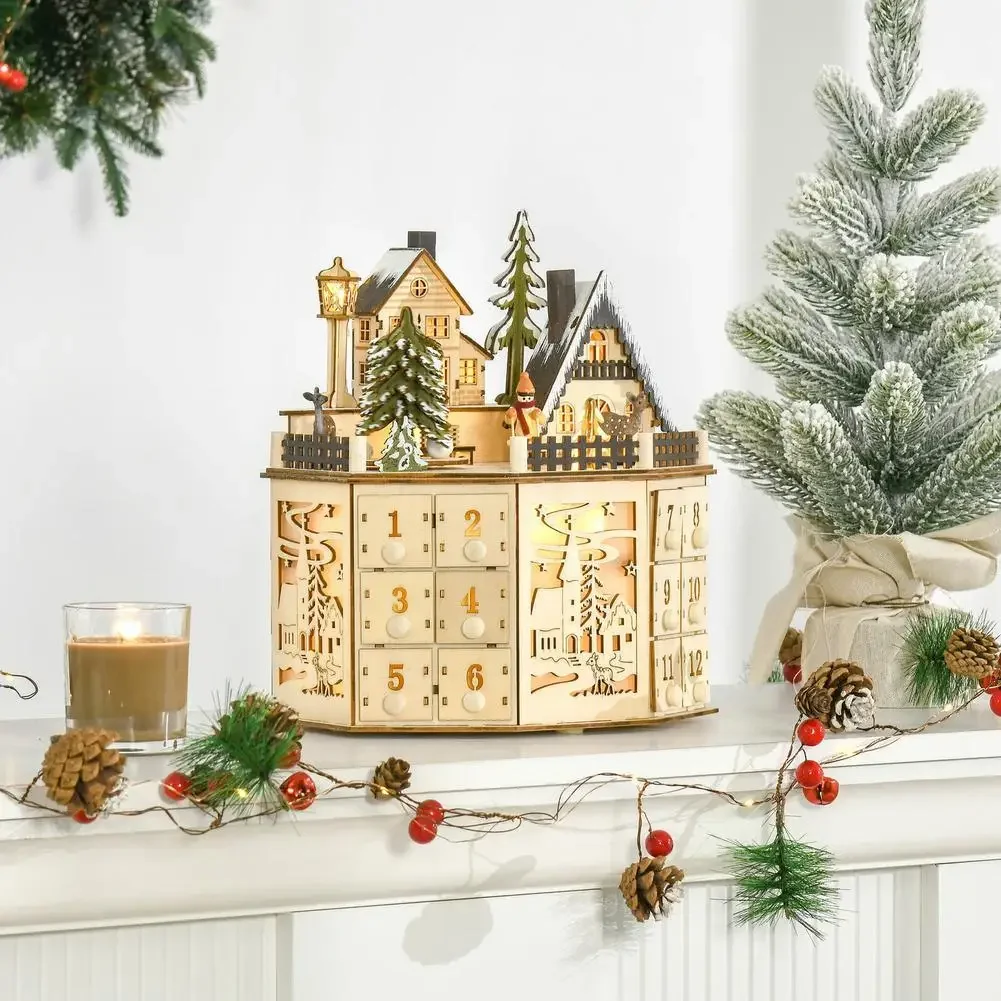 Christmas Wooden Advent Calendar with LED Light & Music Countdown Calendar with 24 Storage Drawers for Xmas Party Decorations