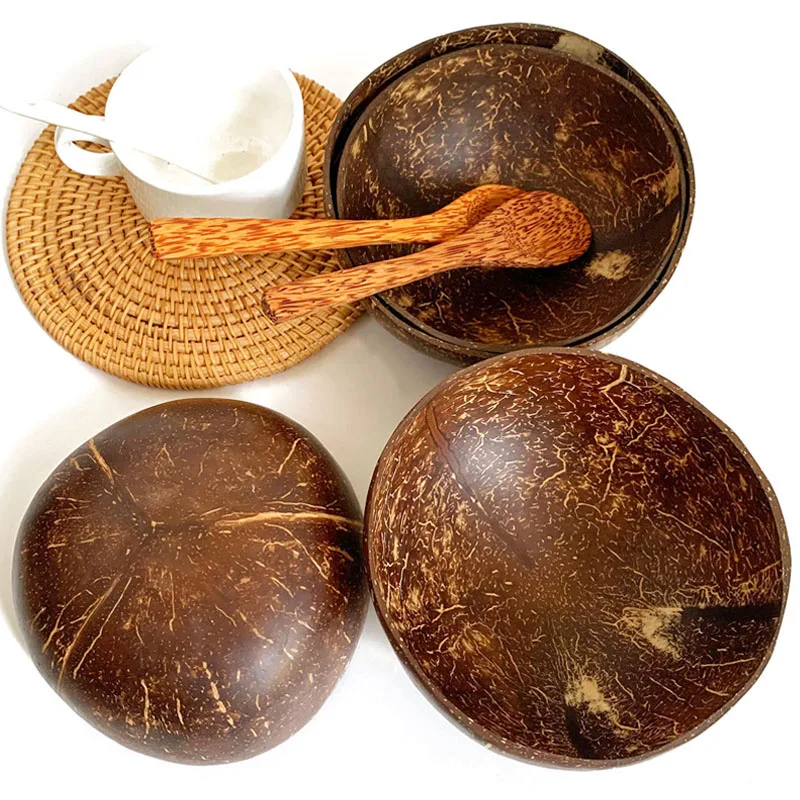 Coconut Shell Bowl Natural Old Coconut Shell Wooden Rice Bowl Spoon Fruit Product Dining Salad Storage Bowl Kitchen Tableware - Image 2