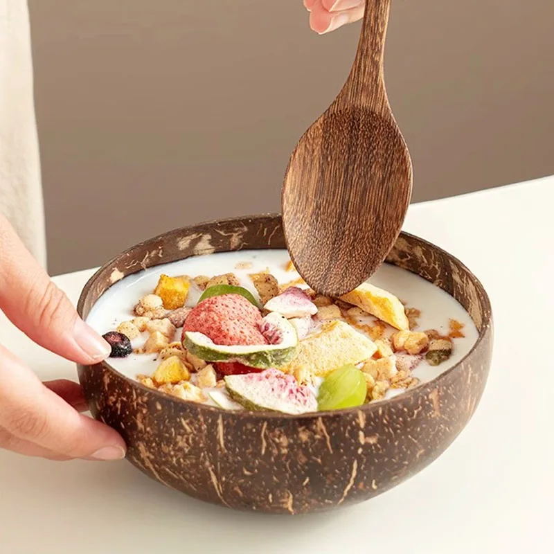 Coconut Shell Bowl Natural Old Coconut Shell Wooden Rice Bowl Spoon Fruit Product Dining Salad Storage Bowl Kitchen Tableware - Image 5