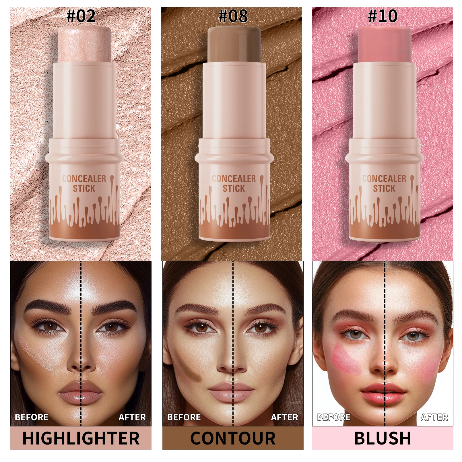 Contour Sticks, Highlighter Stick, Blush Stick, 3-Piece Cream Contour Set Including Contour Brush, Creates Facial Contours - Image 2