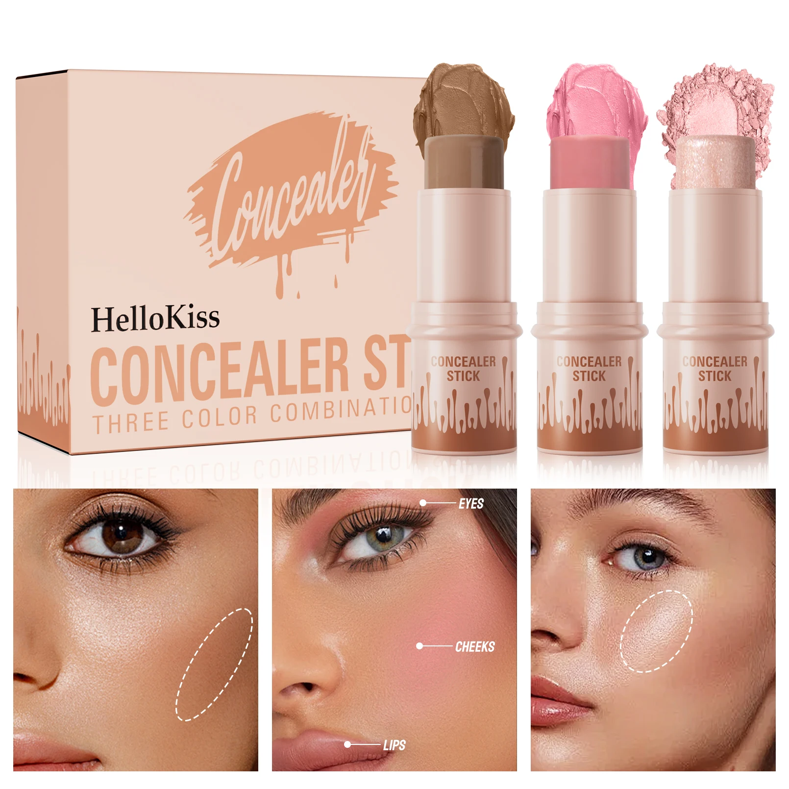 Contour Sticks, Highlighter Stick, Blush Stick, 3-Piece Cream Contour Set Including Contour Brush, Creates Facial Contours - Image 3
