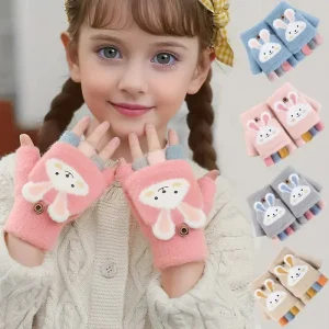 Cozy Cute Cartoon Girls' Winter Gloves Warm Cold-Proof Flip Top Design for Writing and Skiing Polyester Blend Hand Washable