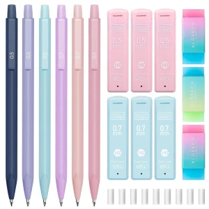 Cute Mechanical Pencil Set 6 Pastel Mechanical Pencils 0.5 0.7mm 120 HB Leads 3 Erasers 9 Eraser Refills Aesthetic School Supply