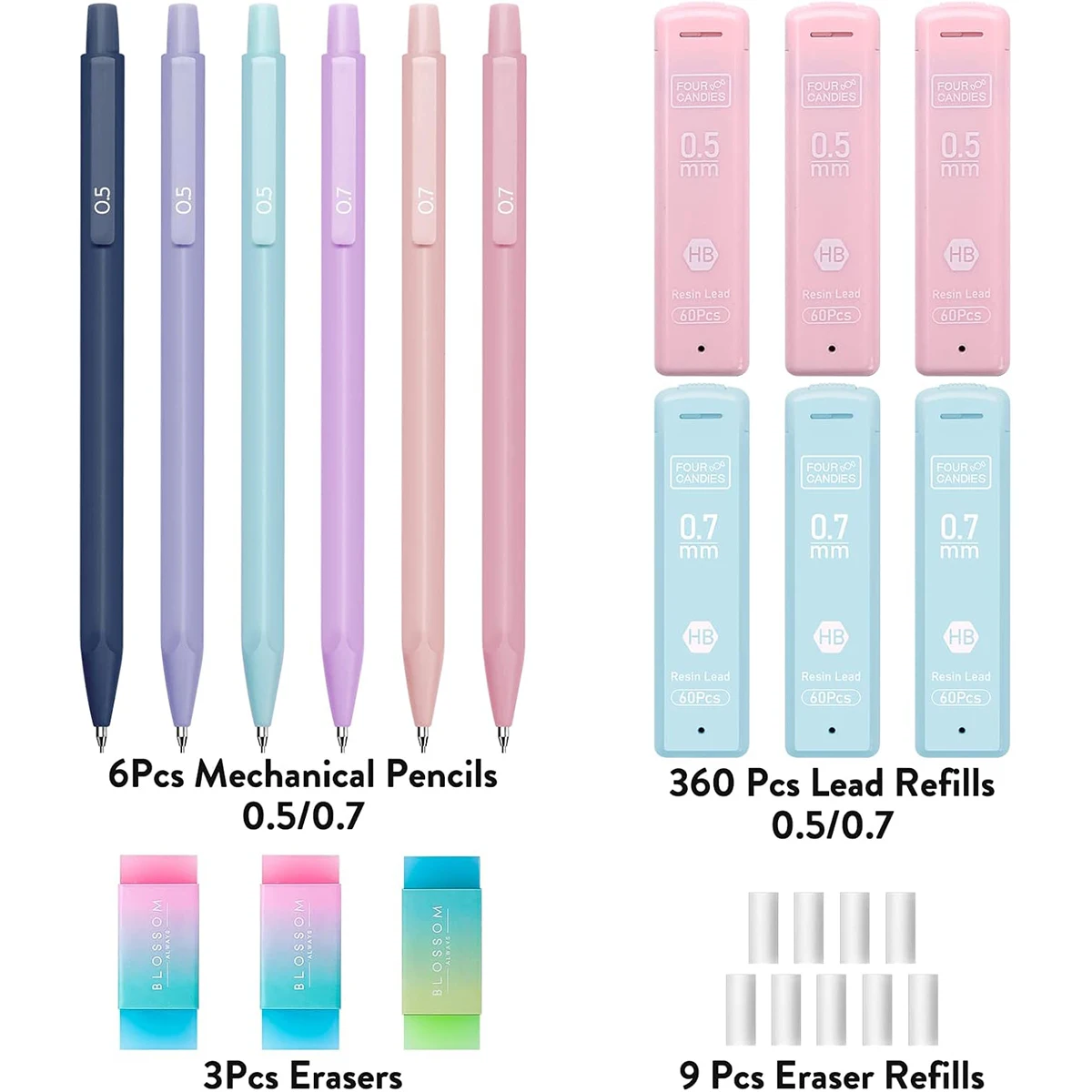 Cute Mechanical Pencil Set 6 Pastel Mechanical Pencils 0.5 0.7mm 120 HB Leads 3 Erasers 9 Eraser Refills Aesthetic School Supply - Image 6