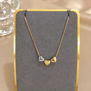 Cute Triple Color Heart Beads Necklace for Women Fashion Gold Plated Stainless Steel Charm Necklaces Waterproof Jewelry