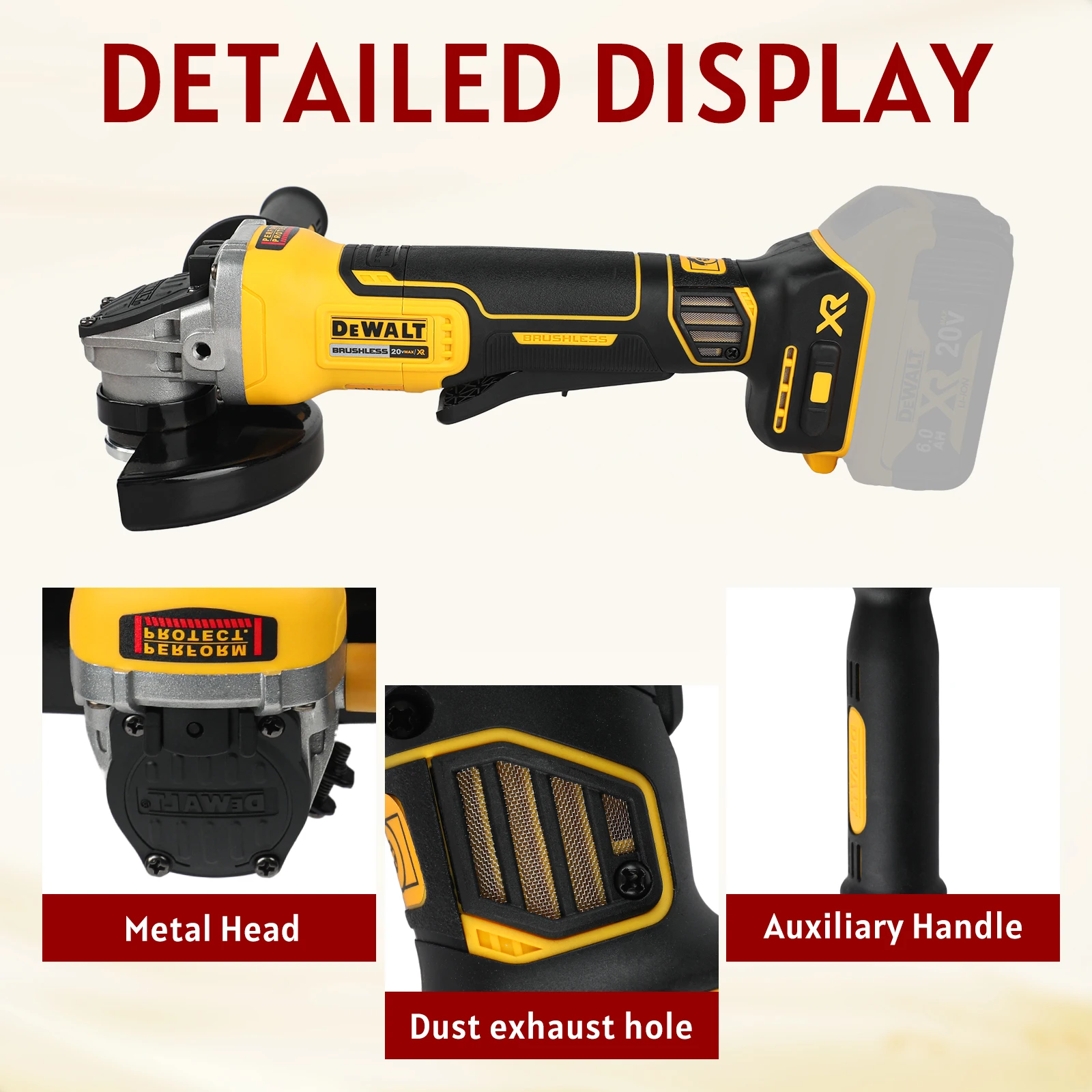 DEWALT DCG405 125mm Flat Head Angle Grinder 18V Brushless Bare Tool for Metal Cutting Wood Grinding - Image 3