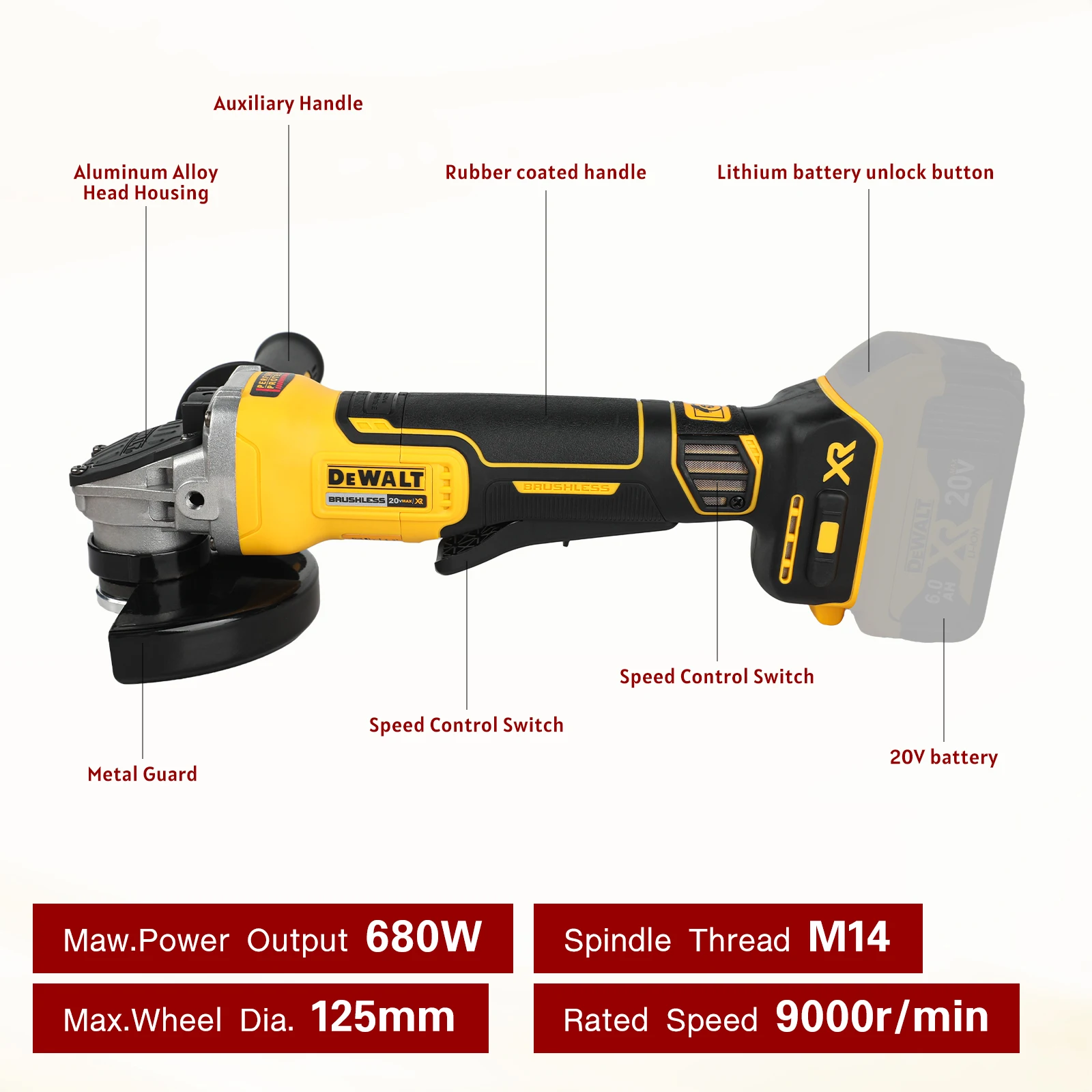 DEWALT DCG405 125mm Flat Head Angle Grinder 18V Brushless Bare Tool for Metal Cutting Wood Grinding - Image 6