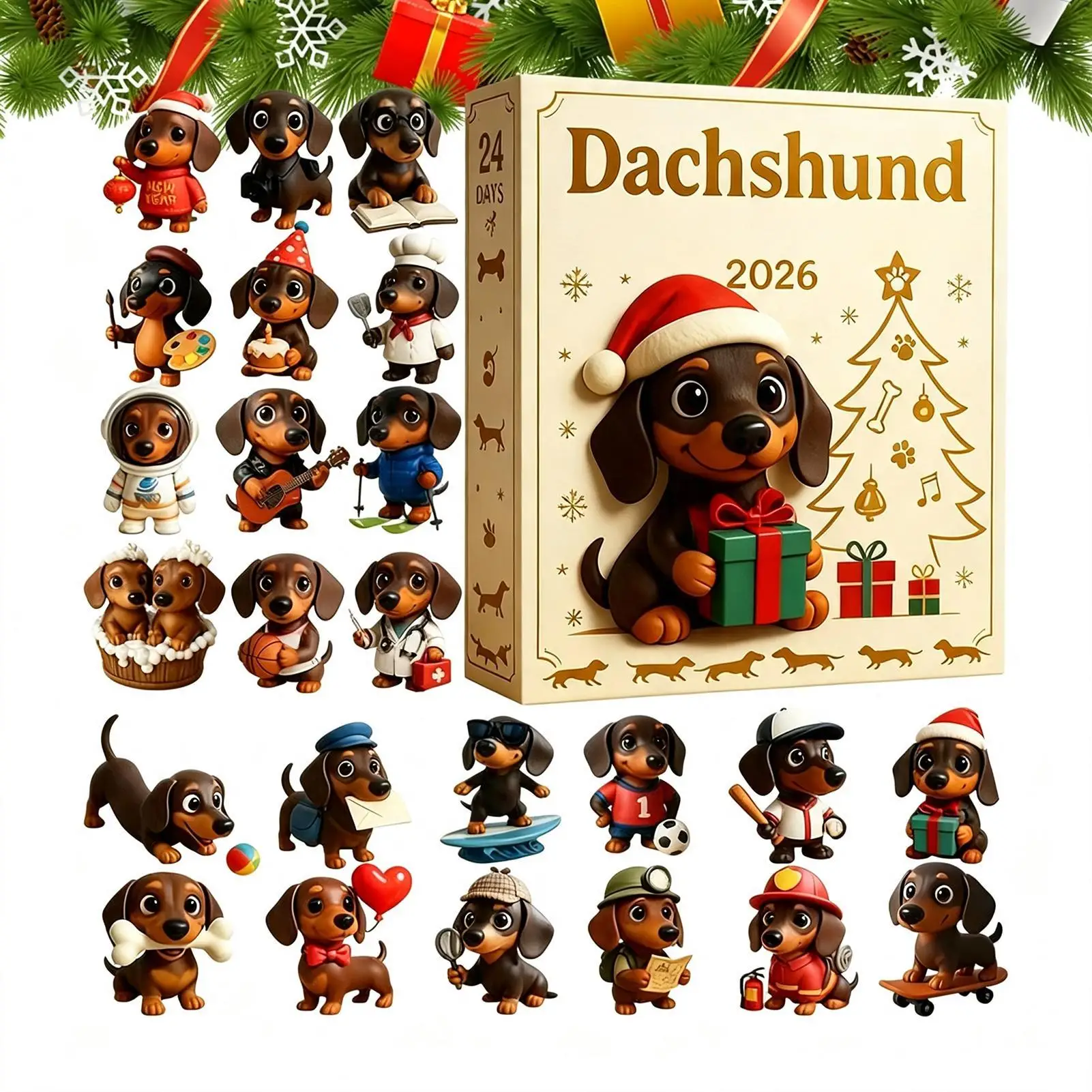Dachshund Christmas Advent Calendar 2026 2D Acrylic Dog Pendants 24 Days Countdown Calendar Collectible Cute Animal Ornaments - Image 2