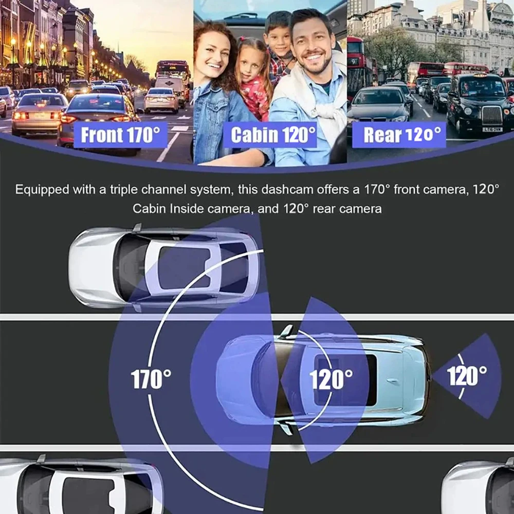 DashCam Voiture 3 Channel Car Recording Camera DVR 1080P Night Vision 24h Parking Video Recorder Front Inside Rear Auto Dash Cam - Image 5