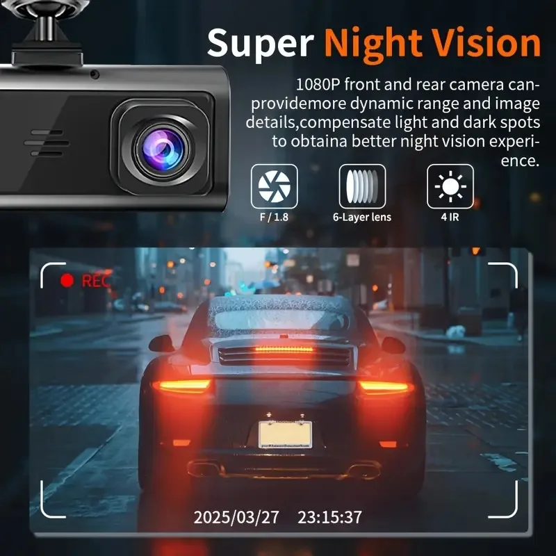 DashCam Voiture 3 Channel Car Recording Camera DVR 1080P Night Vision 24h Parking Video Recorder Front Inside Rear Auto Dash Cam - Image 3