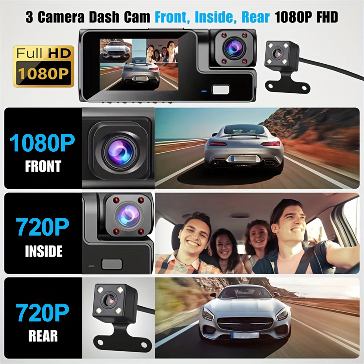 DashCam Voiture 3 Channel Car Recording Camera DVR 1080P Night Vision 24h Parking Video Recorder Front Inside Rear Auto Dash Cam - Image 4