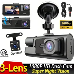 DashCam Voiture 3 Channel Car Recording Camera DVR 1080P Night Vision 24h Parking Video Recorder Front Inside Rear Auto Dash Cam