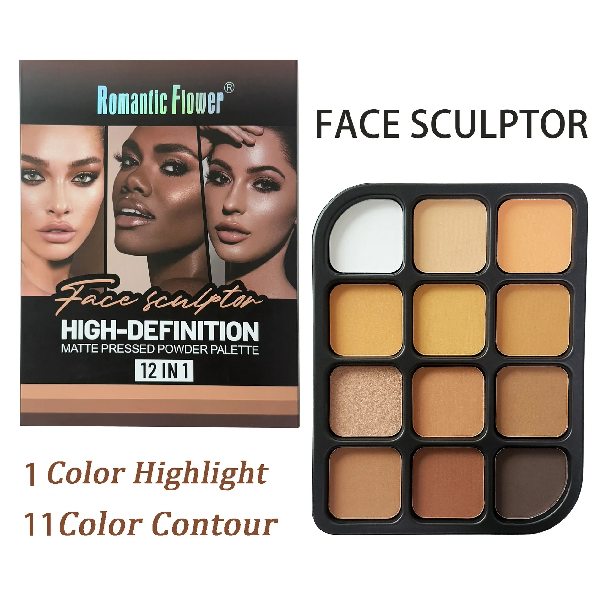Deep Skin 12-Color Matte Contour Palette - Full Coverage All-In-One Highlighter Shading & Powder Face Makeup Kit - Image 2