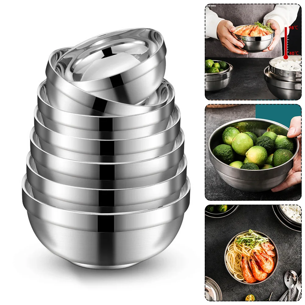 Double Layer Insulation Stainless Steel Bowls Salad Bowl Mixing Bowl Rice Bowls Deep Dish Kitchen Tableware