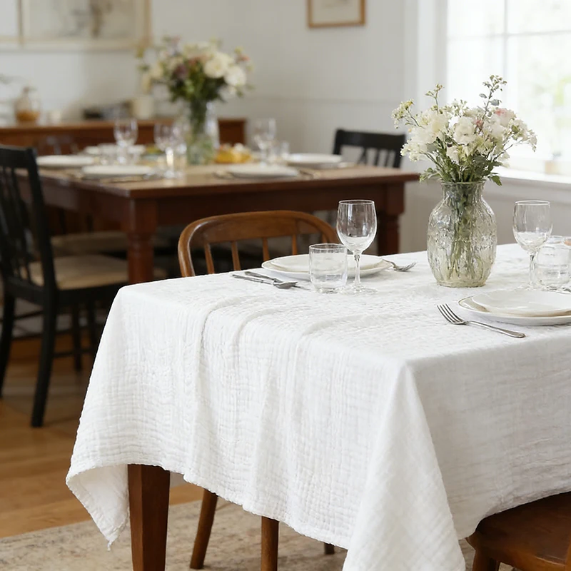 Double-Layer Wrinkled Gauze Tablecloth Rectangular Cotton Muslin Fabric Wedding Table Decoration for Kitchen Birthday Home Decor - Image 3