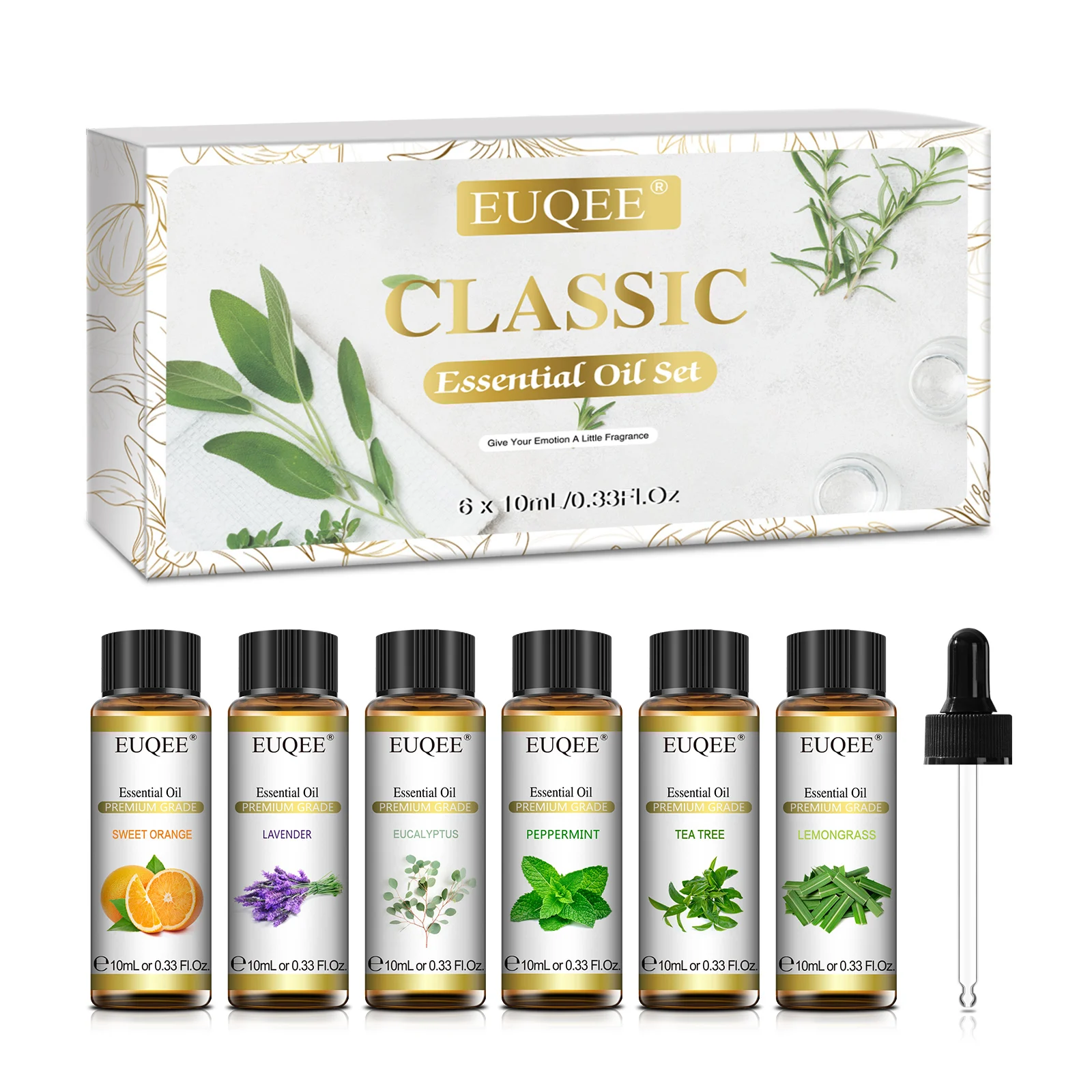 EUQEE 10ml Aromatic Essential Oil Lemongrass Lavender Eucalyptus Peppermint Tea Tree Sweet Orange Aromatherapy Oil for Diffuser