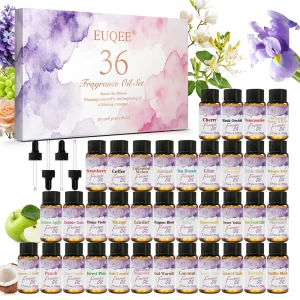 EUQEE 36 Bottles Fragrance Oils Coconut & Vanilla Sea Breeze Bubble Gum Baby Powder Amber Strawberry Cherry Mango Aroma Oil