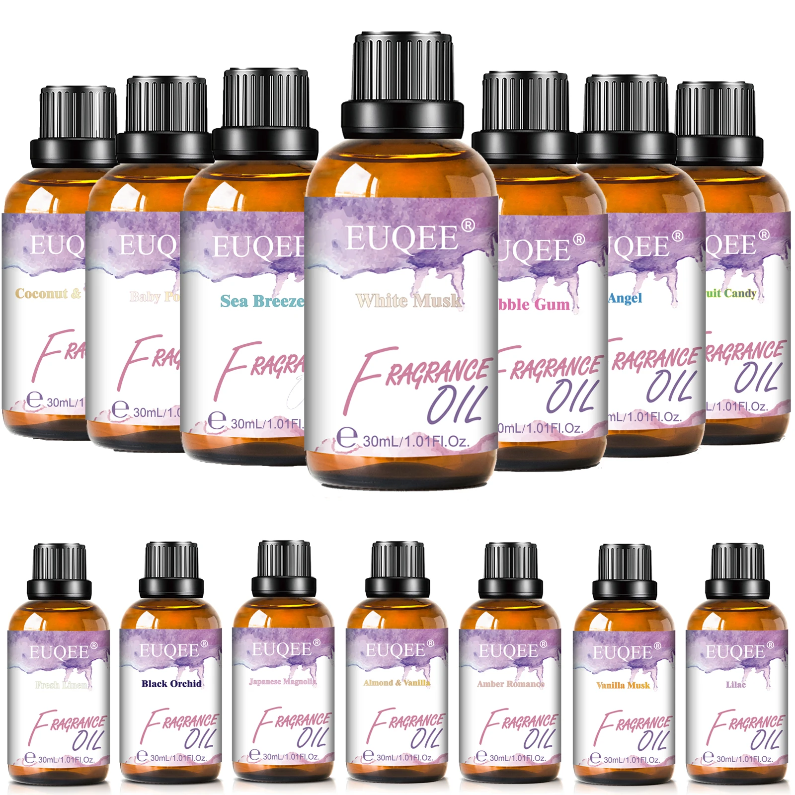 EUQEE Aromatic Fragrance Oil For Car Diffuser 30ml White Musk Angel Sea Breeze Coconut & Vanilla Dragons Blood Aromatherapy Oil