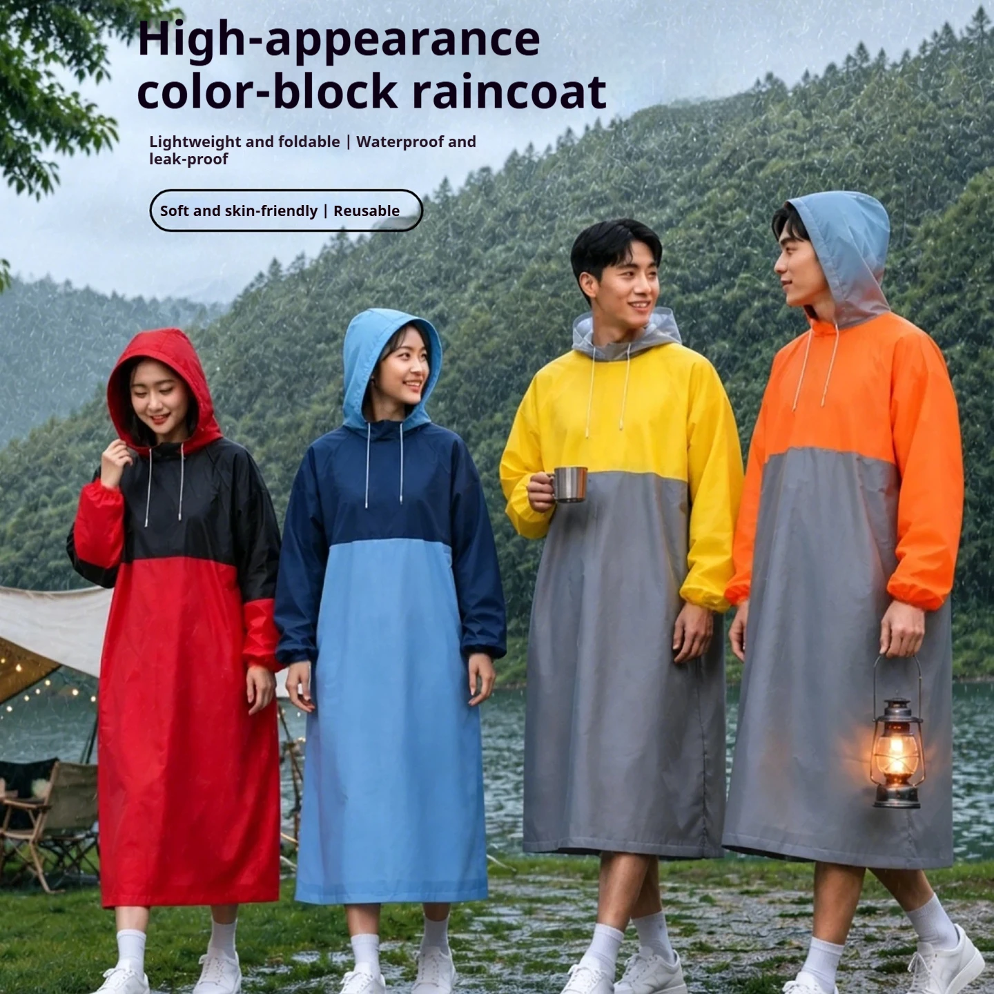 EVA Oversized Color Block Pullover Raincoat Extended Fit Rain Jacket for Adults Outdoor Hiking Travel - Men Women - Image 2