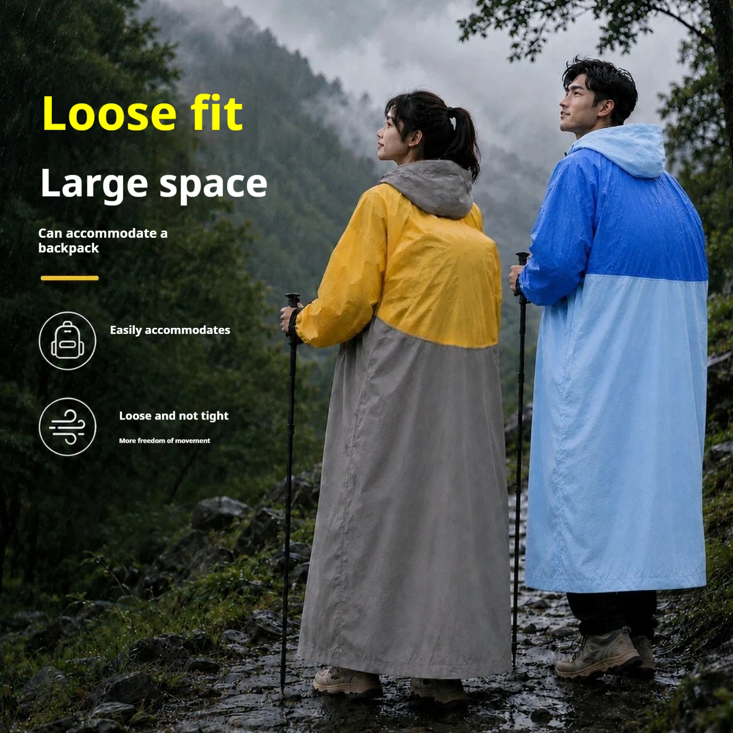 EVA Oversized Color Block Pullover Raincoat Extended Fit Rain Jacket for Adults Outdoor Hiking Travel - Men Women