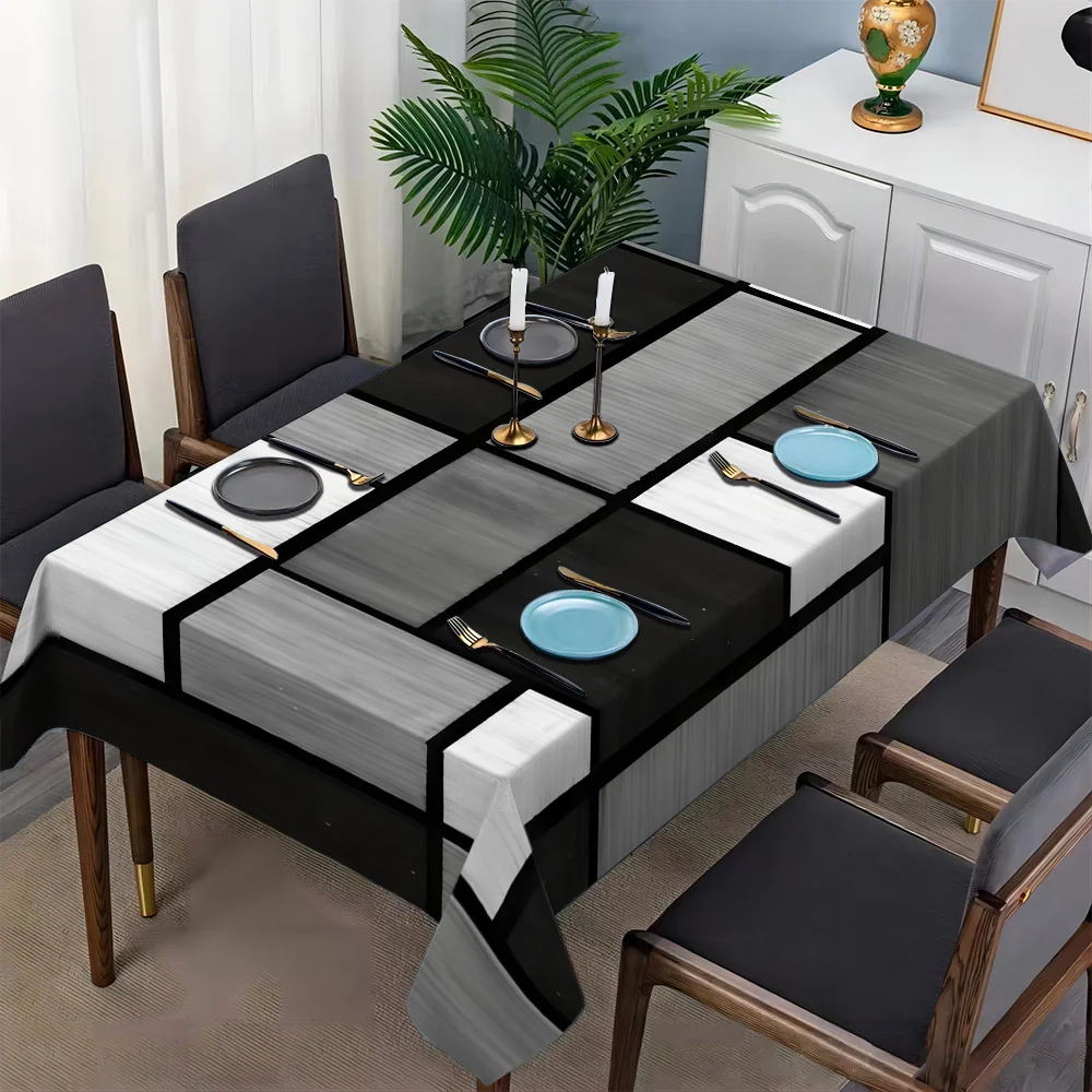 Elegant Black and White Geometric Print Tablecloth - Rectangular Polyester Dining Table Cover for Festive Party Decor - Image 5