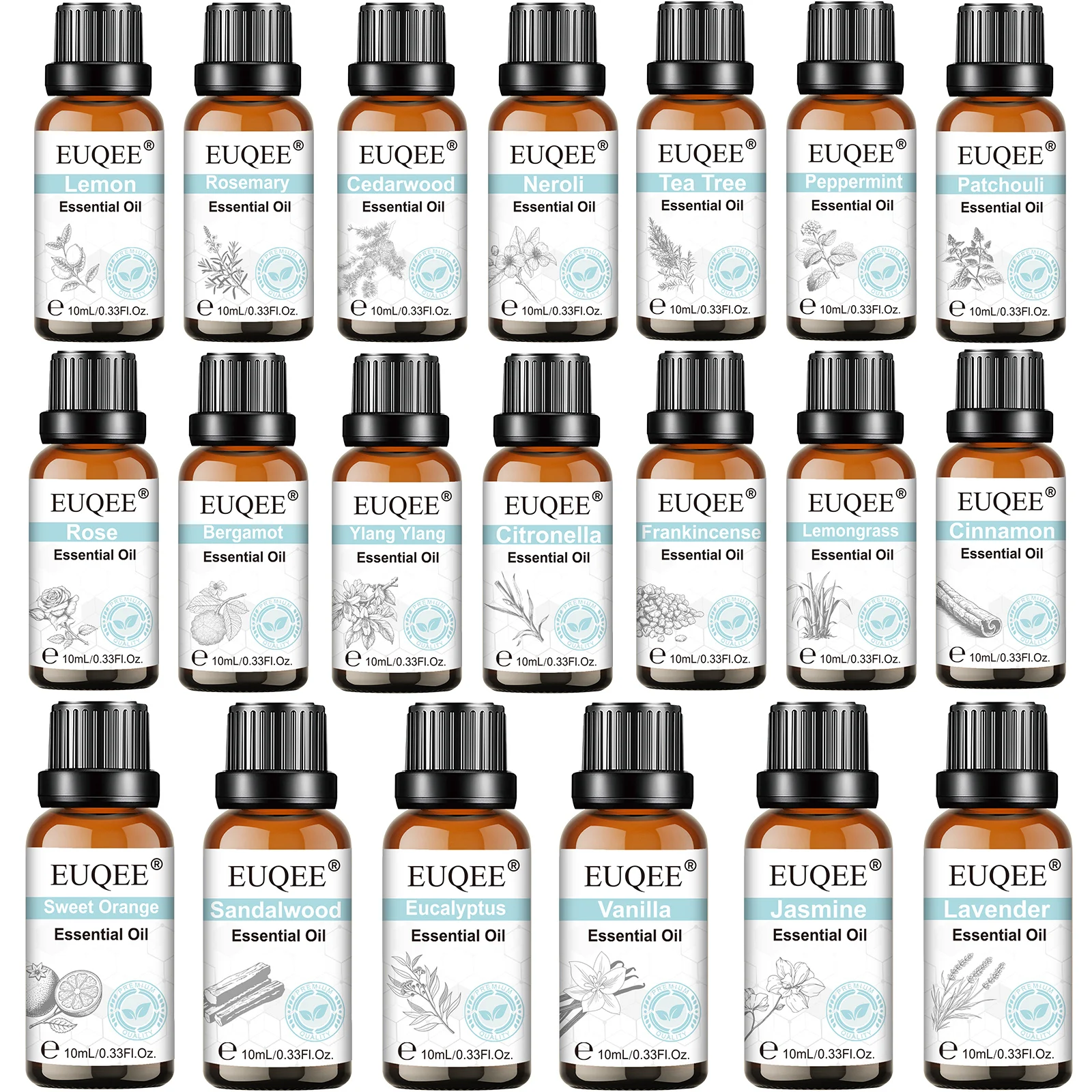 Euqee Essential Oil 10ml Pure Vanilla Extract Aromatherapy Oils Cinnamon Bergamot Cedarwood Lemon Lavender Tea Tree Fragrance