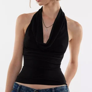 Fashion Y2k Black Halter Women Tanks Skinny Sleeveless Top Print Hotsweet V-Neck Crop Tops Backless Blouses Female Vest 2025