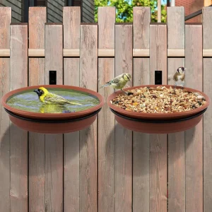 Fence Bird Feeders Tray - 2pcs Tree Mounted Wild Bird Bath for Outdoors Place Food Water, Installed on Deck Wall Stakes with Hea