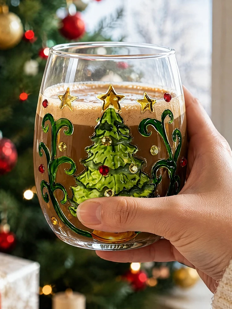 Festive 3D Embossed Christmas Glass Cup Santa Claus Reindeer Snowman Tree Holiday Drinkware Winter Art - Image 5