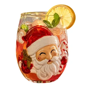Festive 3D Embossed Christmas Glass Cup Santa Claus Reindeer Snowman Tree Holiday Drinkware Winter Art