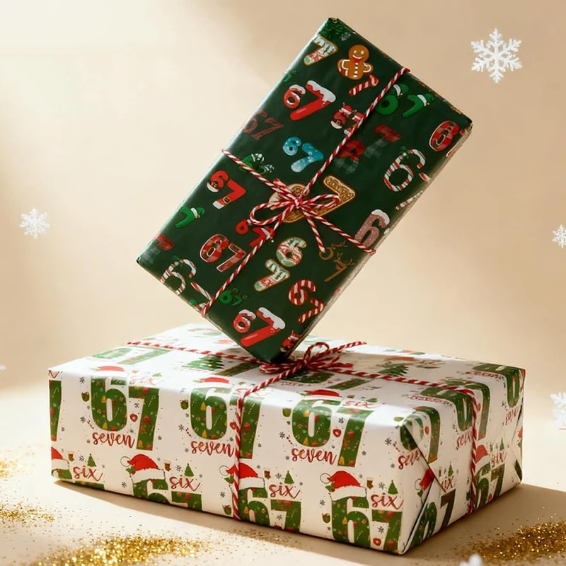 Festive 67 Christmas Paper Wrap, 6 7 Holiday Wrapping Paper, 67 Cheery Santa Children Gift Wrap - Image 2