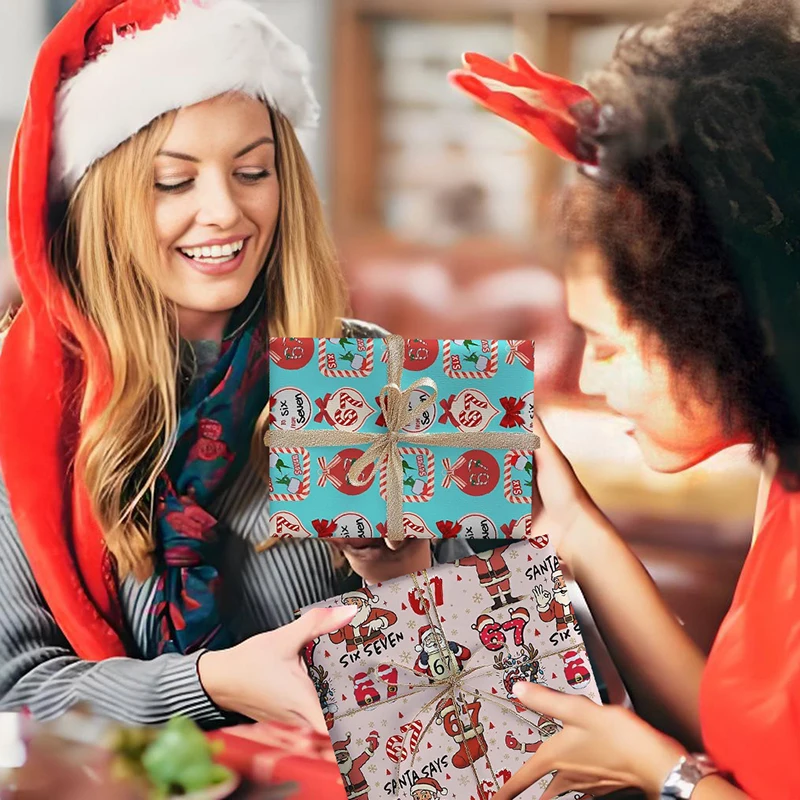 Festive 67 Christmas Paper Wrap, 6 7 Holiday Wrapping Paper, 67 Cheery Santa Children Gift Wrap - Image 5
