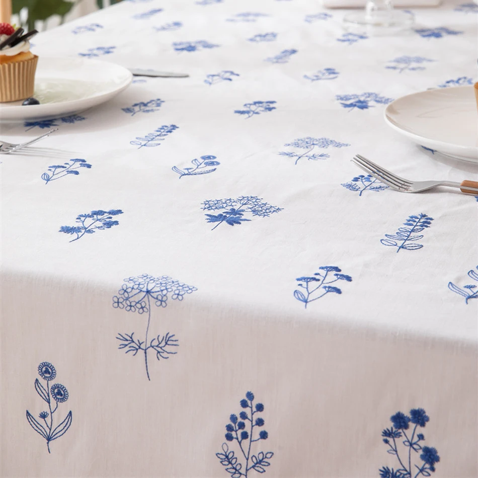 Floral Embroidery Cotton Tablecloth Rectangle Tea Table Decoration for Kitchen Wedding Dining Room Cover