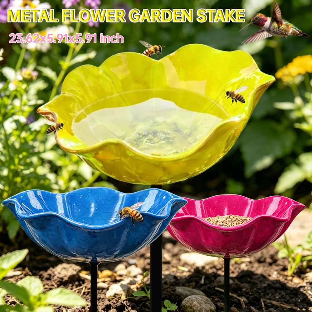 Flower Shaped Bee Watering Station Metal Flower Garden Stake Bird Bath Butterfly Water Feeder Garden Bird Bath Bowls for Outside - Image 2