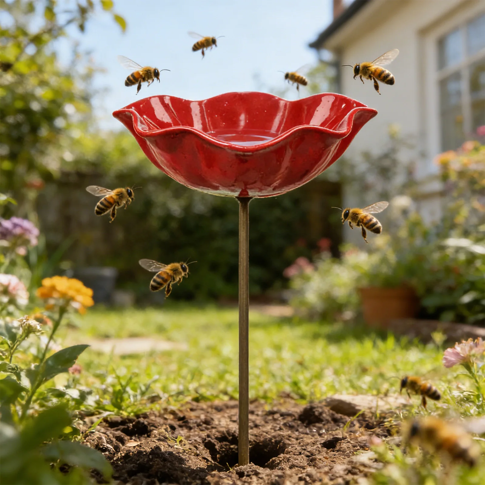Flower Shaped Bee Watering Station Metal Flower Garden Stake Bird Bath Butterfly Water Feeder Garden Bird Bath Bowls for Outside - Image 5