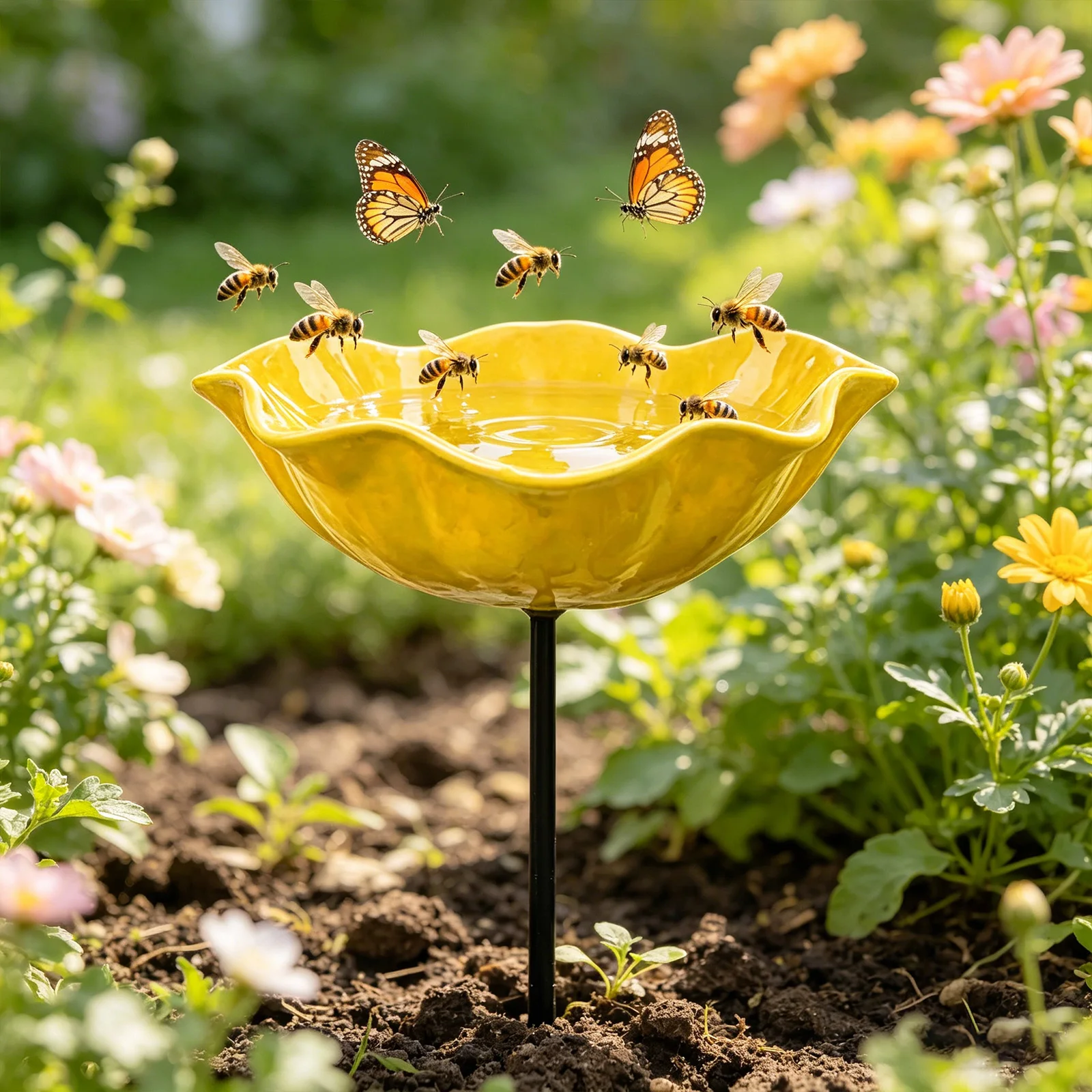 Flower Shaped Bee Watering Station Metal Flower Garden Stake Bird Bath Butterfly Water Feeder Garden Bird Bath Bowls for Outside - Image 3