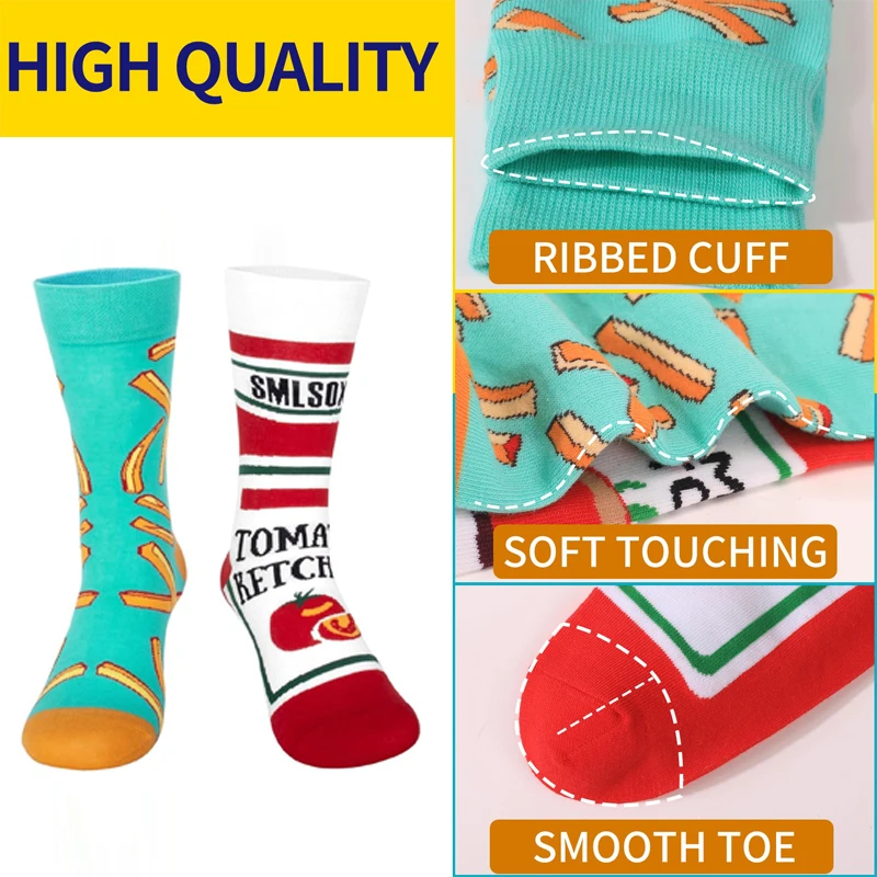 Funny Socks Tomato Ketchup French Fry Printed Cotton Socks AB Style Mid-Calf Food Socks Creative Abstract Novelty Couple Socks - Image 2