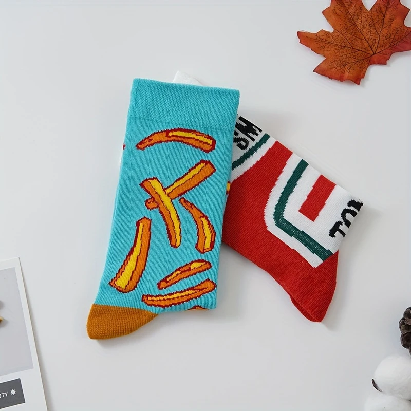 Funny Socks Tomato Ketchup French Fry Printed Cotton Socks AB Style Mid-Calf Food Socks Creative Abstract Novelty Couple Socks - Image 3