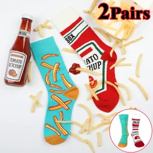Funny Socks Tomato Ketchup French Fry Printed Cotton Socks AB Style Mid-Calf Food Socks Creative Abstract Novelty Couple Socks