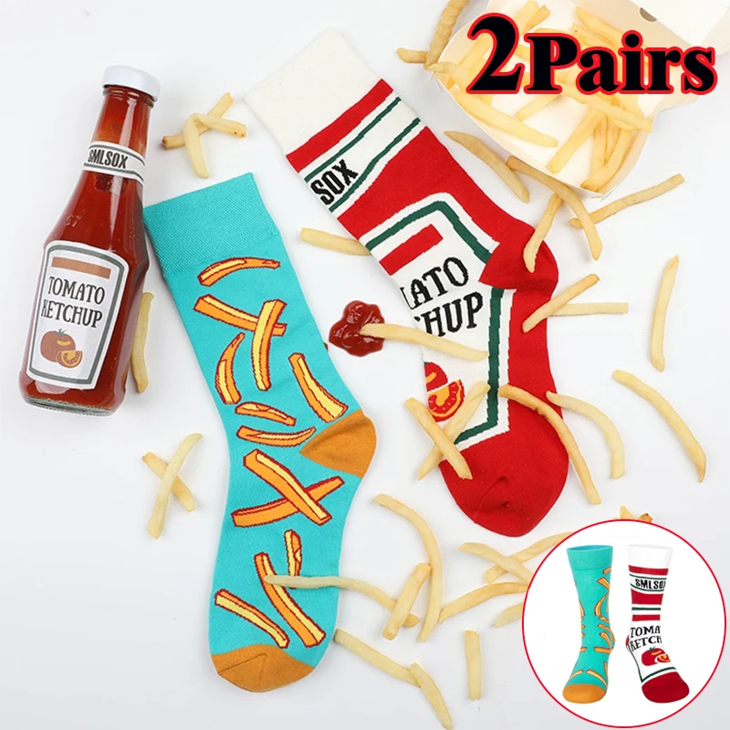 Funny Socks Tomato Ketchup French Fry Printed Cotton Socks AB Style Mid-Calf Food Socks Creative Abstract Novelty Couple Socks