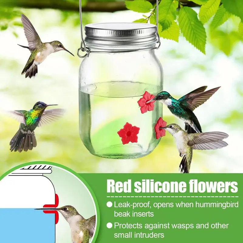 Garden Hummingbird Feeder Small Top Fill Mason Jar With Flower Ports Mason Jar Bird Dish Feeder Garden Decoration For Window And - Image 2