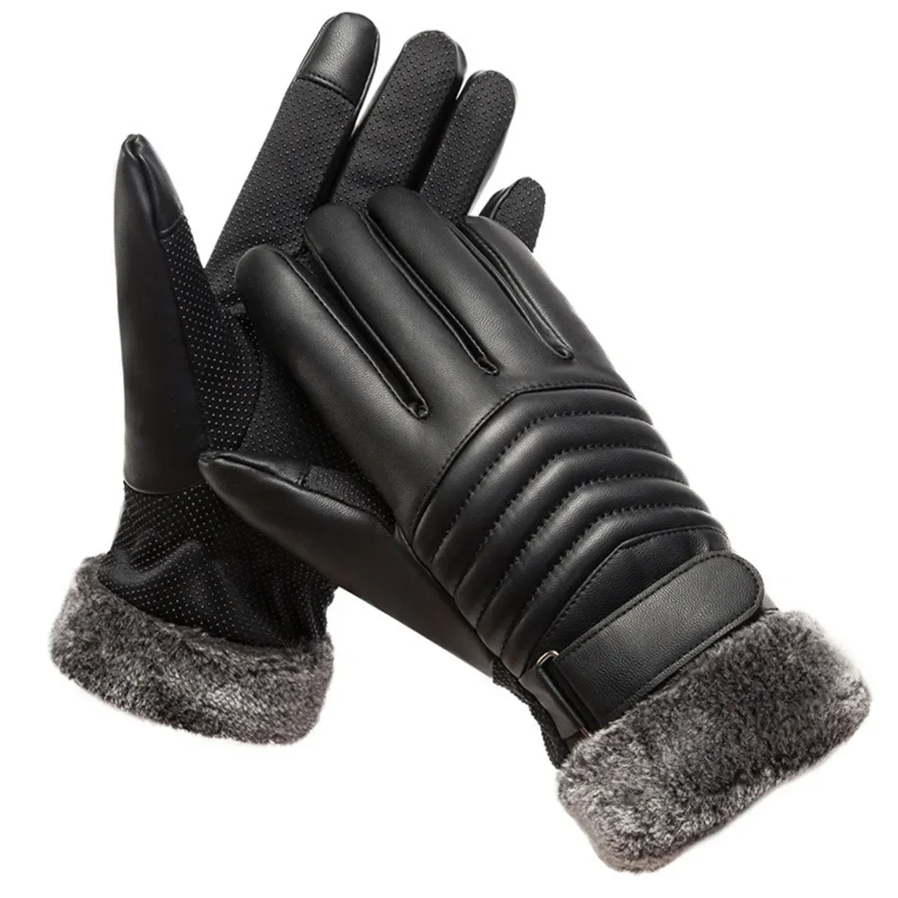 Gloves Winter MEN'S Fur Mouth Plush Insulation Gloves Outdoor Cycling Motorcycle PU Touch Screen Cotton Gloves - Image 2
