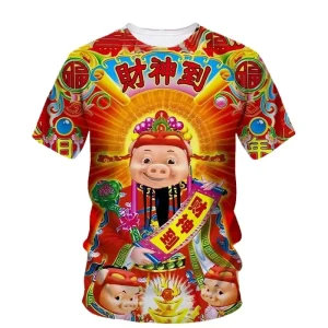 God of Wealth 3D Print Chinese New Year Graphic T-shirts Men T-Shirt Street Casual Role-Play Parent-Child Short Sleeve Top 2026