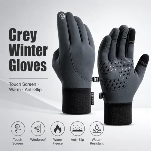 Grey Winter Gloves Touch Screen Warm Anti-Slip Waterproof Windproof Outdoor Gloves for Cycling Running Hiking