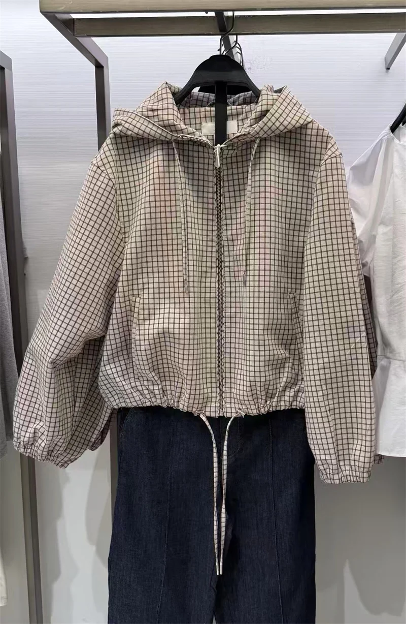 Guobioziy Women's Jacket 2026 Fall New Plaid Long-Sleeve Hooded Loose Fit Jacket Parka Casual Fashion European and American - Image 5