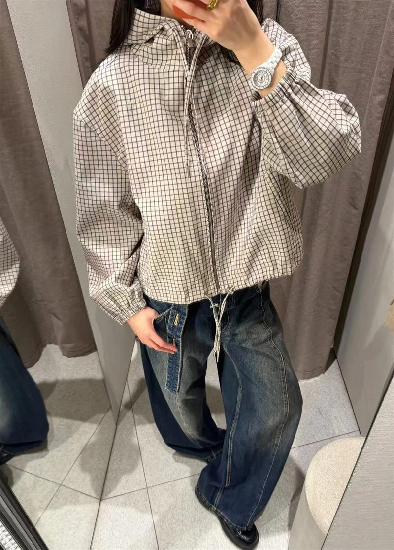 Guobioziy Women's Jacket 2026 Fall New Plaid Long-Sleeve Hooded Loose Fit Jacket Parka Casual Fashion European and American - Image 4