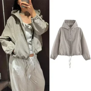 Guobioziy Women's Jacket 2026 Fall New Plaid Long-Sleeve Hooded Loose Fit Jacket Parka Casual Fashion European and American