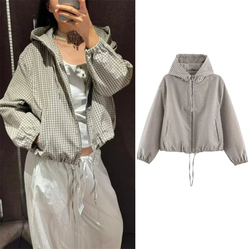 Guobioziy Women's Jacket 2026 Fall New Plaid Long-Sleeve Hooded Loose Fit Jacket Parka Casual Fashion European and American