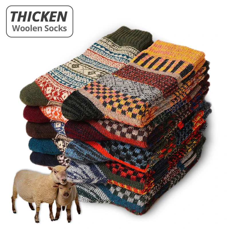 HSS Brand 5 Pairs Winter Men's Socks Thicken Sheep's Wool Socks Warm Men Retro Style Colorful Fashion Man Socks For Snow Boots