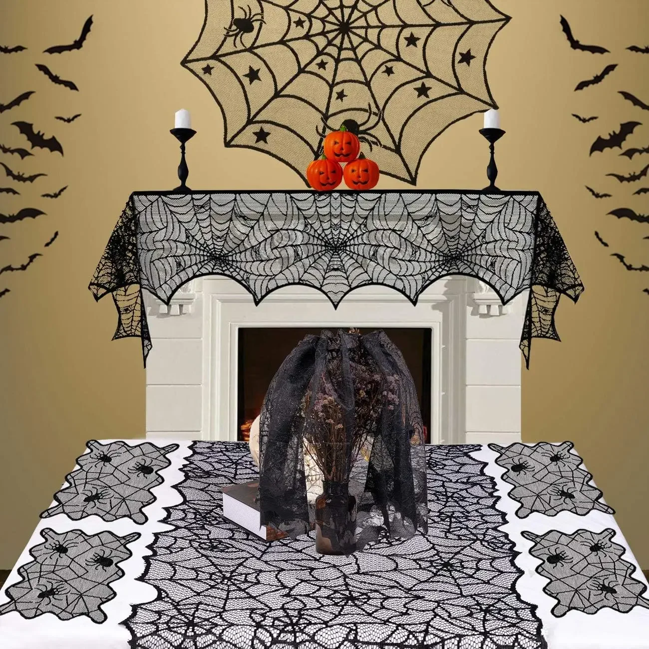 Halloween Tablecloth Bat Spider Web Black Lace Tablecloth Mantel Cloth Family Table Decoration Halloween Party Decoration - Image 2